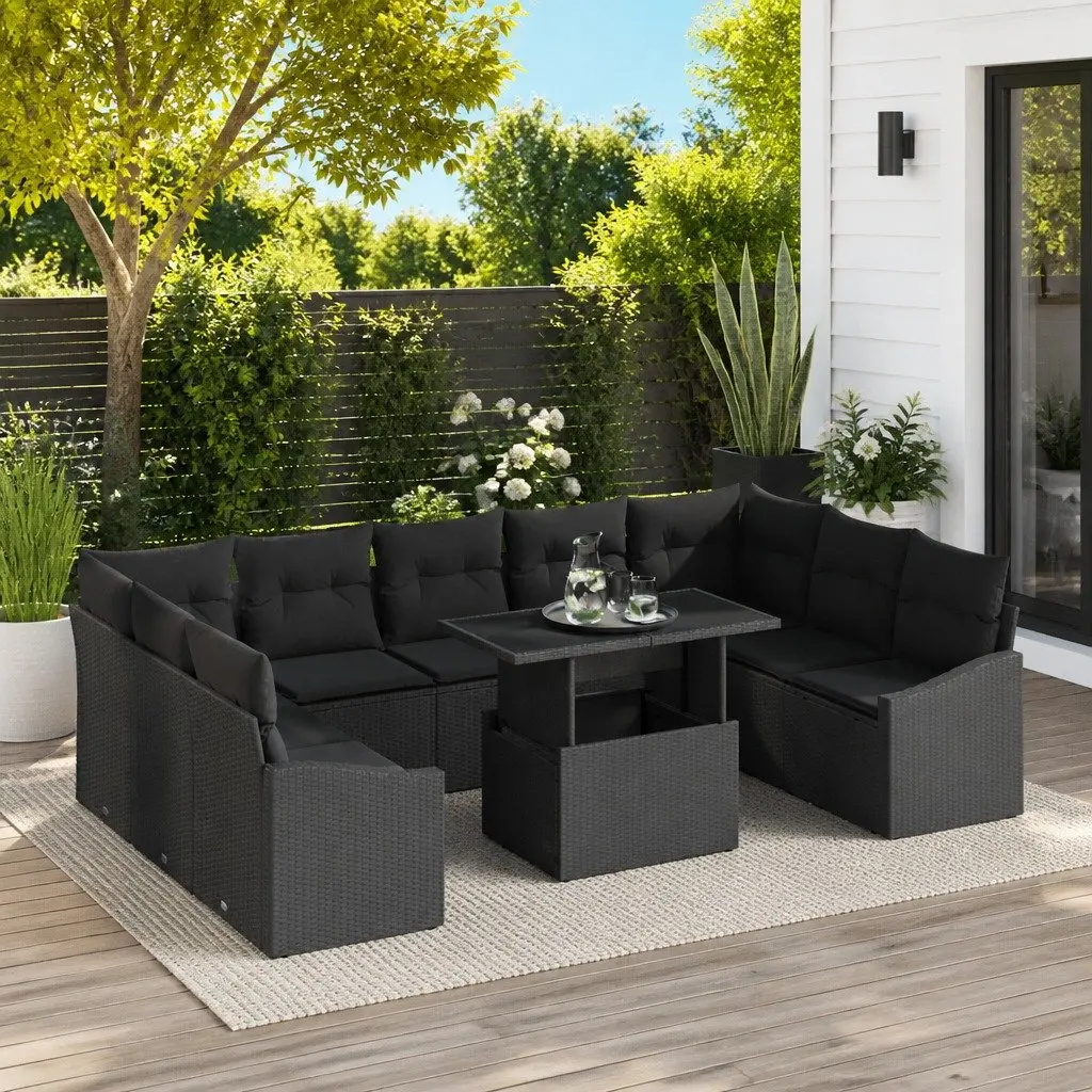 Garden Sofa Set 10 Pieces Black Outdoor Sectional Furniture Durable Poly Rattan with Height Adjustable Feet and Zipper Closure Cushions