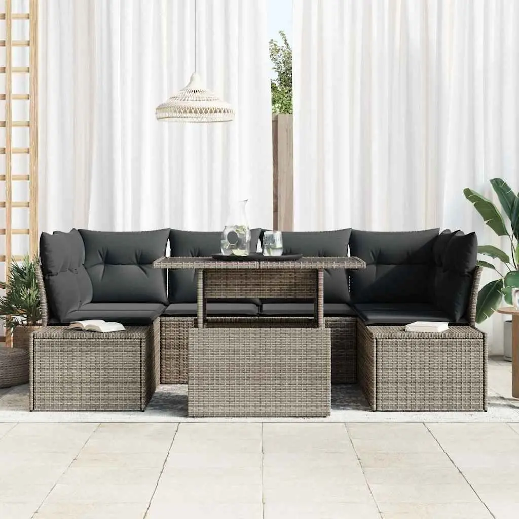 7 Piece Garden Sofa Set Grey Poly Rattan Outdoor Seating Height Adjustable Dining Table