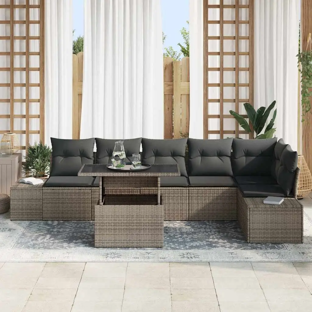 Garden Sofa Set 7 Piece Modular Grey Poly Rattan Outdoor Furniture with Cushions