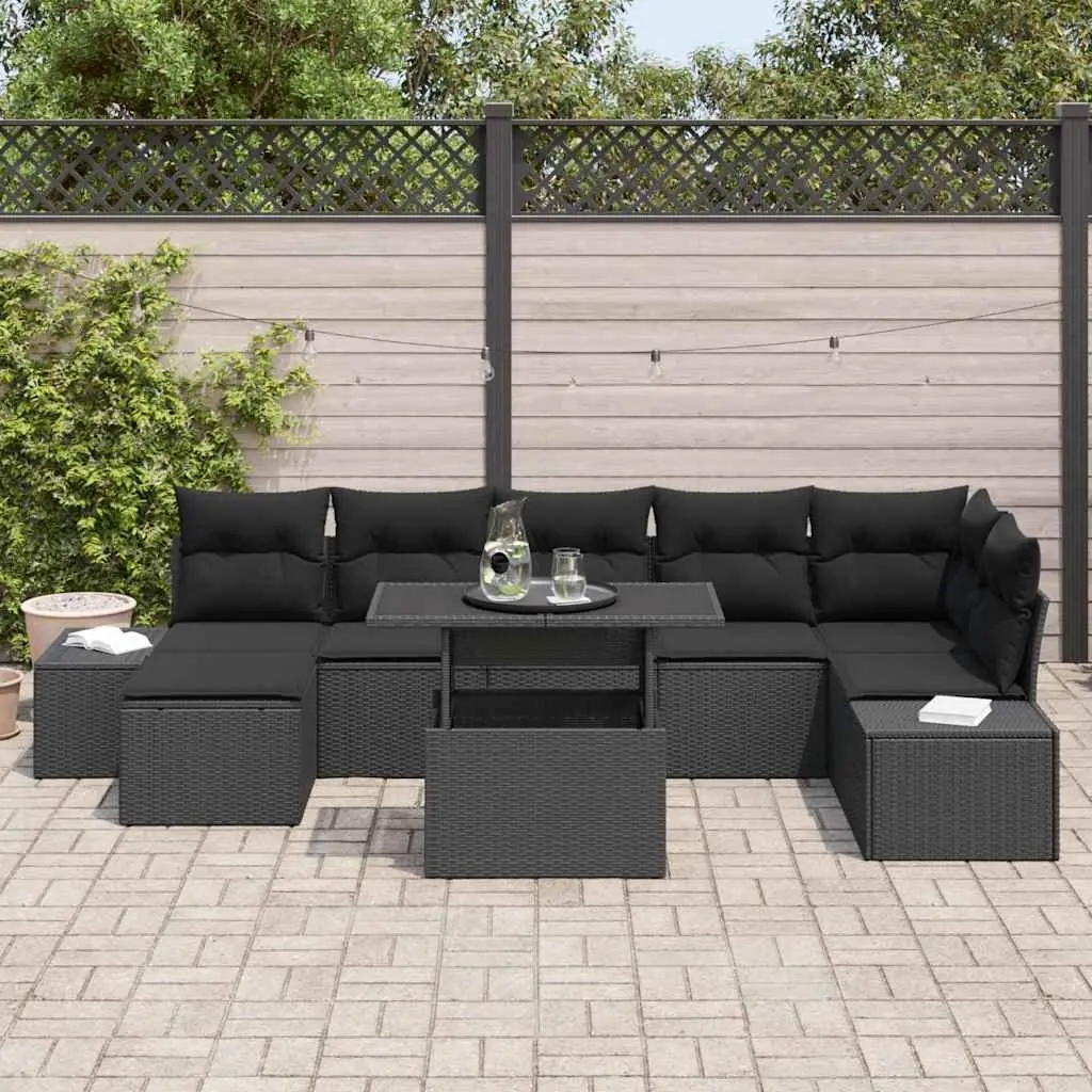 Garden Sofa Set 8 Pieces Black Poly Rattan Outdoor Furniture Sectional with Height Adjustable Table and Hidden Storage Compartments
