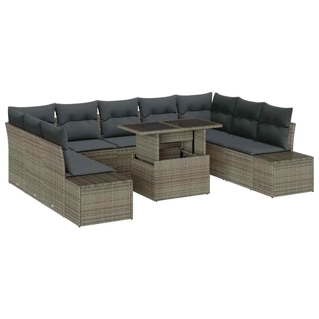 Outdoor Furniture Set 10 Piece Grey Poly Rattan Sofa with Storage Benches and Height Adjustable Table
