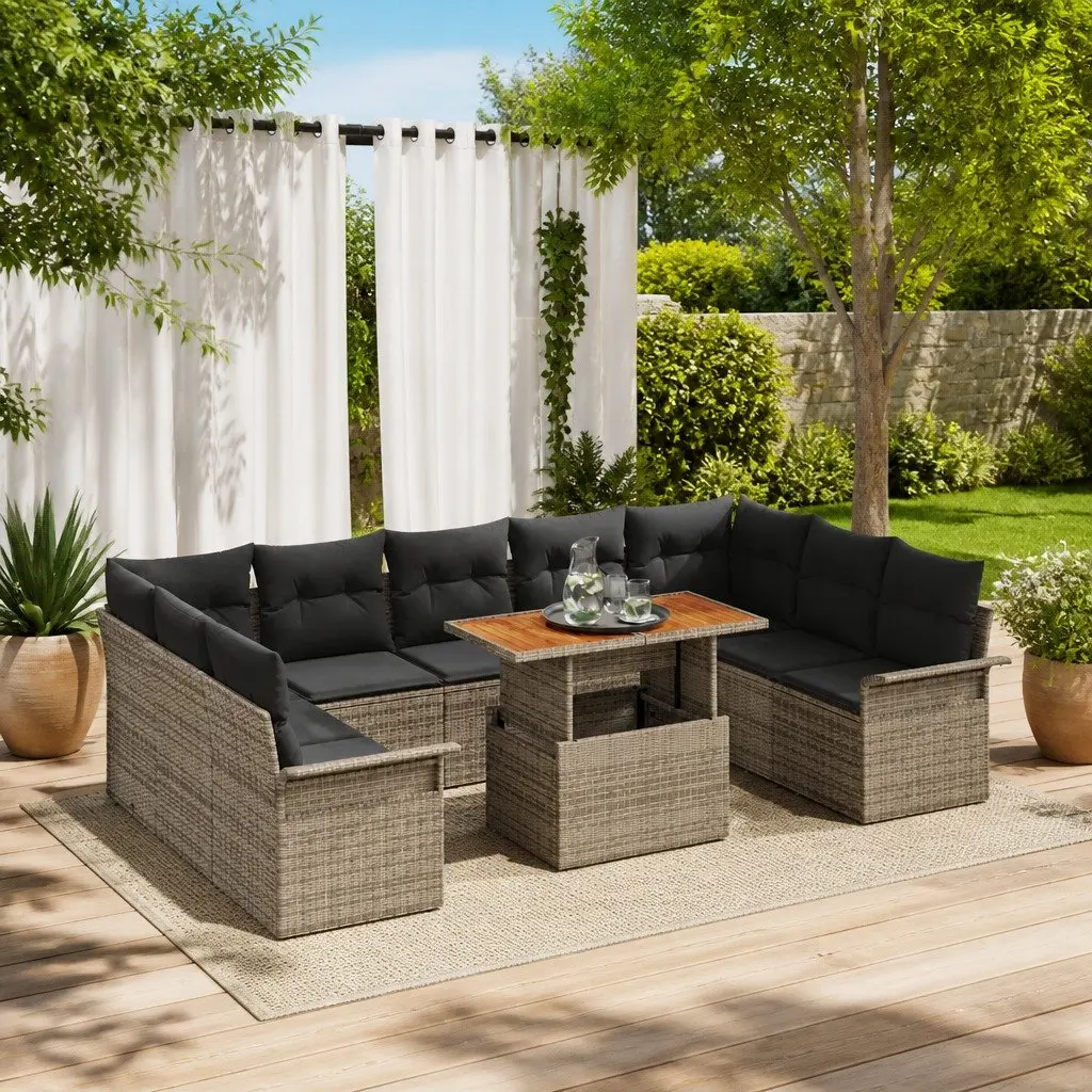 Garden Sofa Set 10 Pieces Grey Poly Rattan Modular Outdoor Furniture with Cushions and Storage