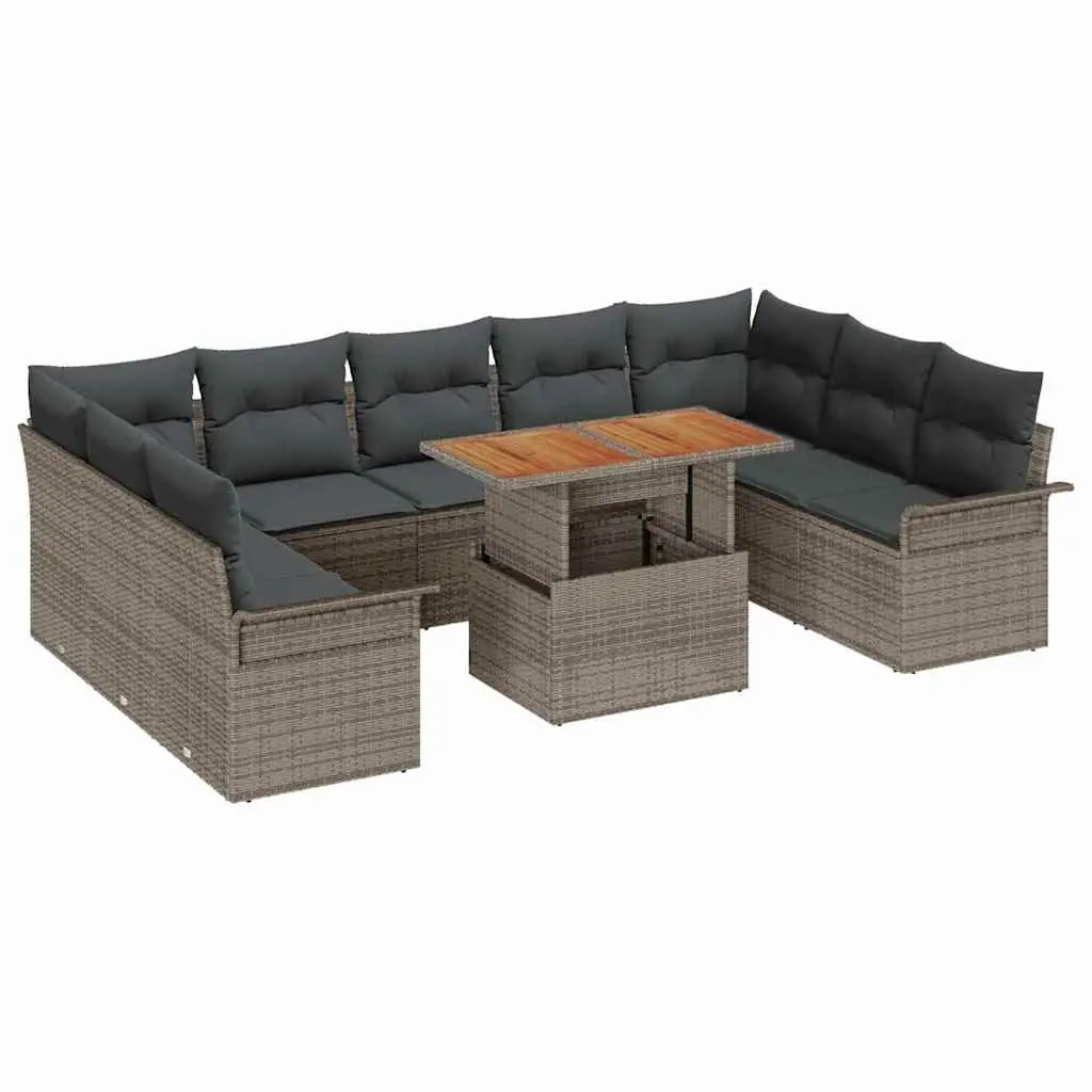 Garden Sofa Set 10 Pieces Grey Poly Rattan Modular Outdoor Furniture with Cushions and Storage