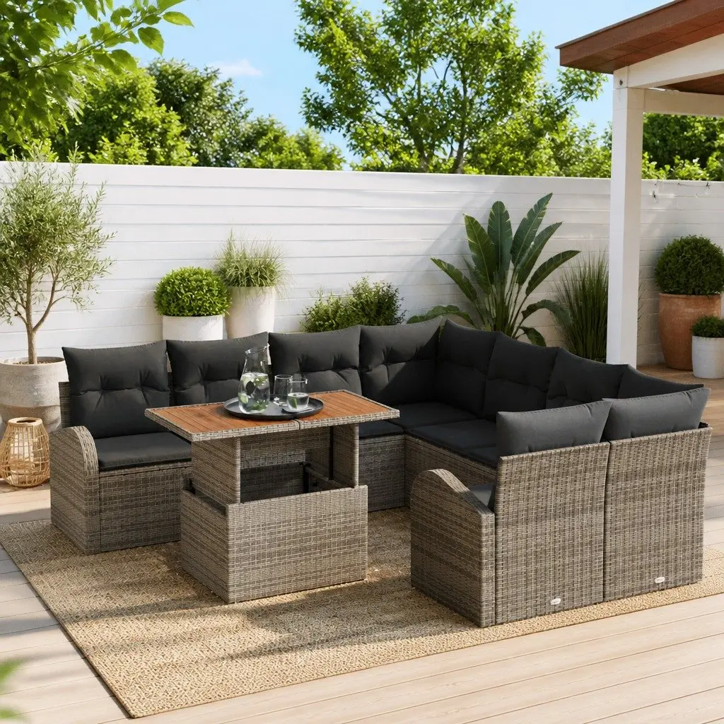 Garden Sofa Set 9 Piece Grey Modular Poly Rattan Outdoor Furniture with Storage
