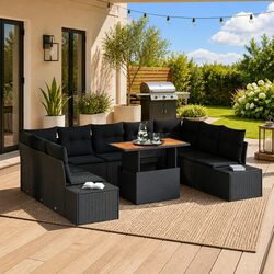 Garden Sofa Set 10pcs Outdoor Furniture Black Poly Rattan Modular Seating