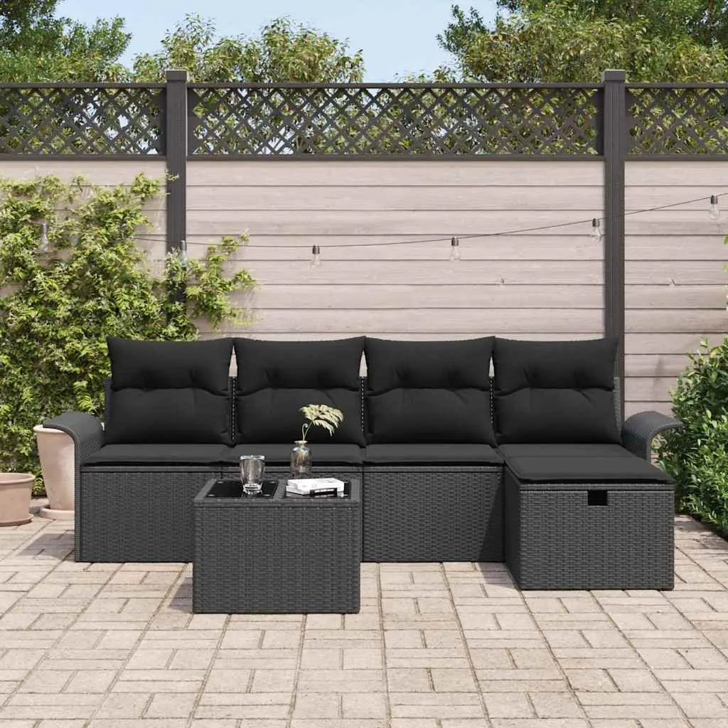 Outdoor Garden Sofa Set 6 Piece Black Poly Rattan Modular Patio Furniture with Height Adjustable Table and Hidden Storage