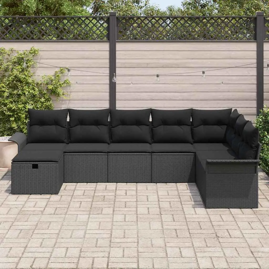 Outdoor Garden Sofa Set 8 Piece Black Modular Poly Rattan Patio Seating with Height Adjustable Table and Hidden Storage Compartments