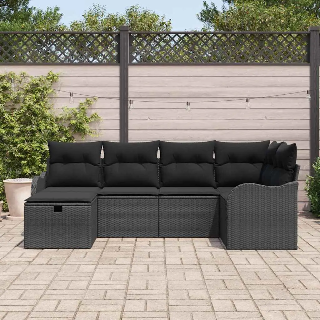 Modular Black Poly Rattan Outdoor Sofa Set 6 Piece with Cushioned Seating for Patio Garden