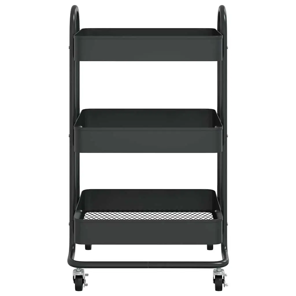 3-Tier Storage Trolley Black Steel Kitchen Office Organiser Mobile Cart Wheels