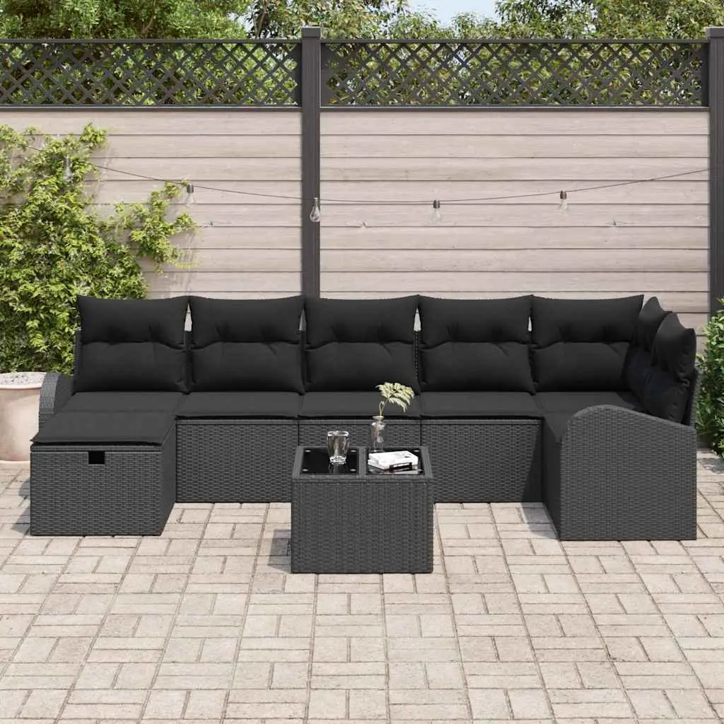 Outdoor Garden Sofa Set 8 Pieces Black Poly Rattan Weather Resistant with Storage Compartments