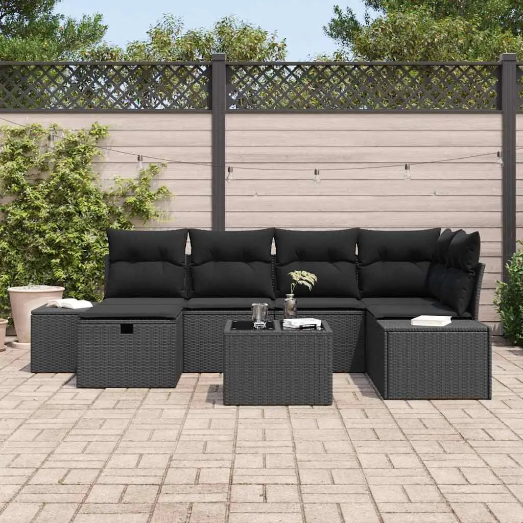 Garden Sofa Set 7 Piece Black Poly Rattan Modular Outdoor Furniture with Cushions