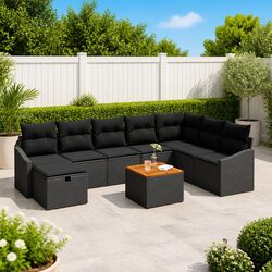 Garden Sofa Set 9 Pieces Outdoor Furniture Modular Black Poly Rattan Patio