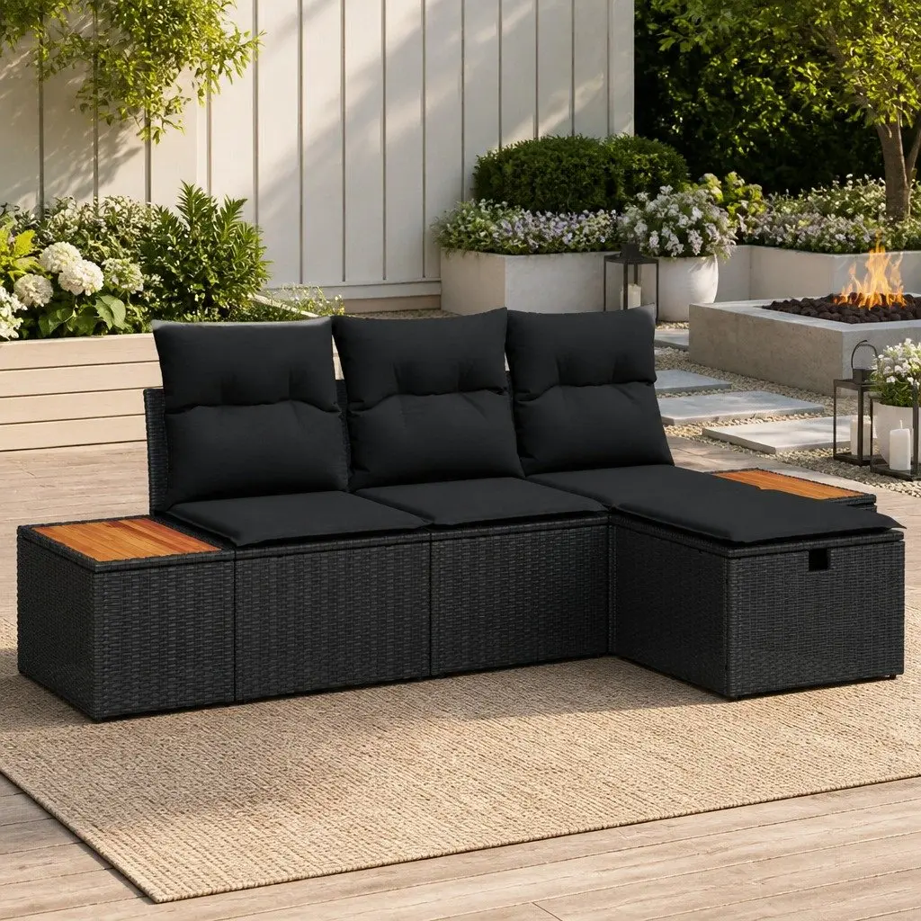 Black Poly Rattan Outdoor Garden Sofa Set 4 Piece with Cushions and Tempered Glass Table