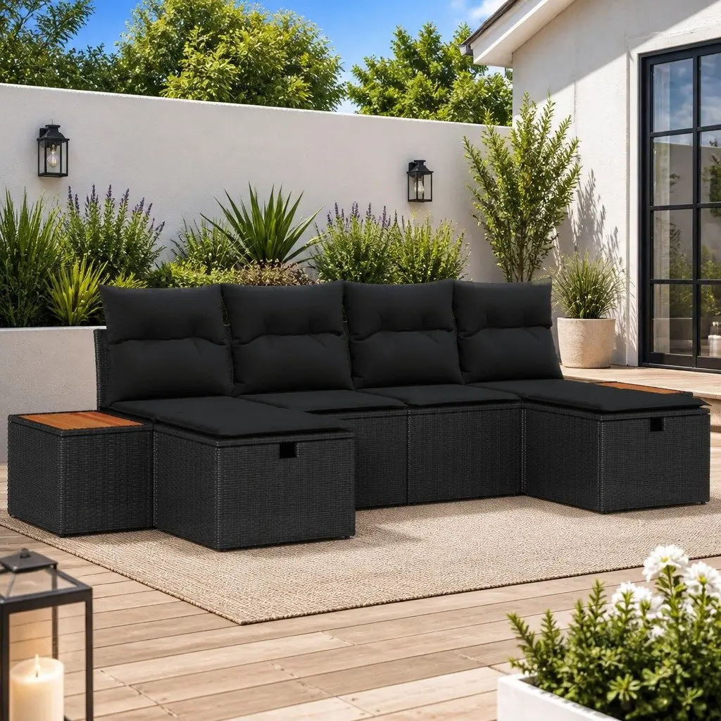 Garden Sofa Set 6 Piece Black Poly Rattan Outdoor Furniture with Storage and Adjustable Table