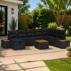 Garden Sofa Set Modular Outdoor Seating 9 Pieces Black Poly Rattan Patio