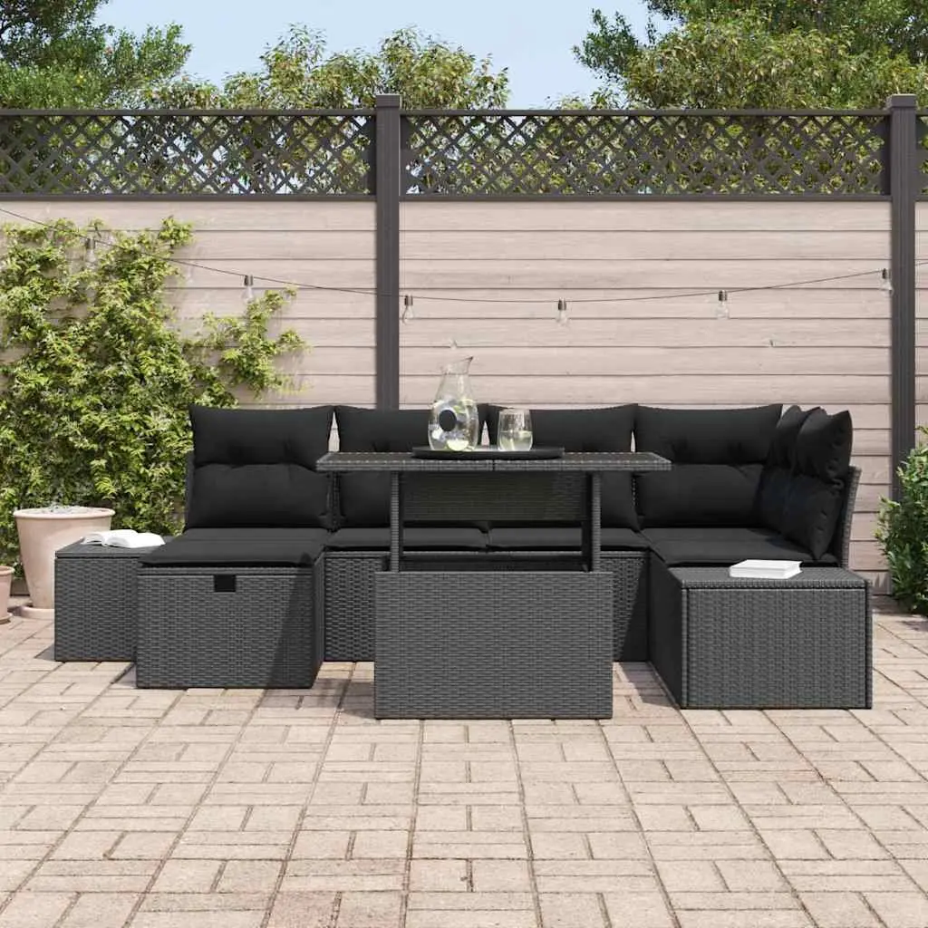7 Piece Modular Garden Sofa Set Black with Cushion Footstool and Glass Top Table Outdoor