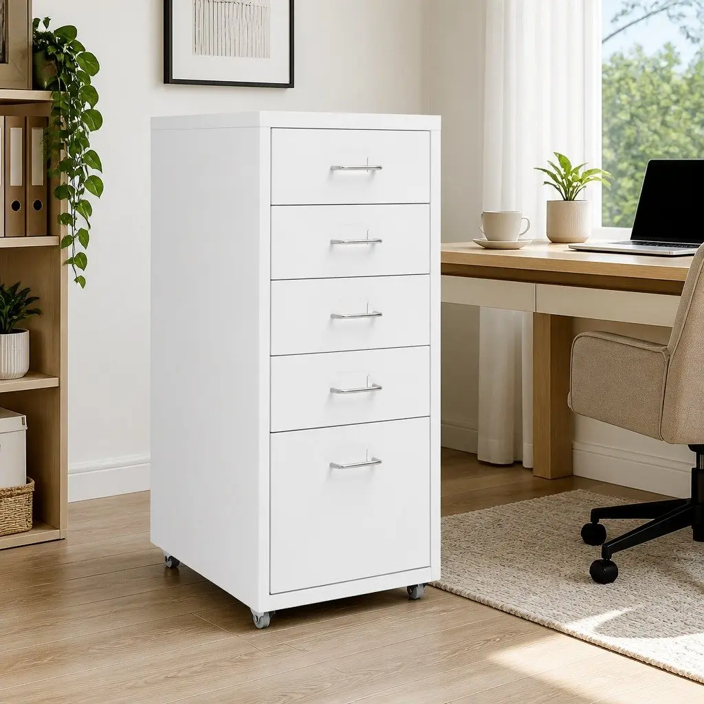 Mobile Filing Cabinet 5 Drawer Metal Office Storage White Pedestal Organizer