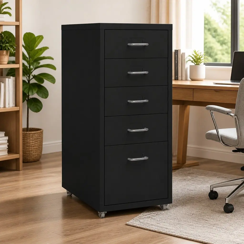 5 Drawer Mobile Filing Cabinet Black Metal Storage Organizer with Wheels