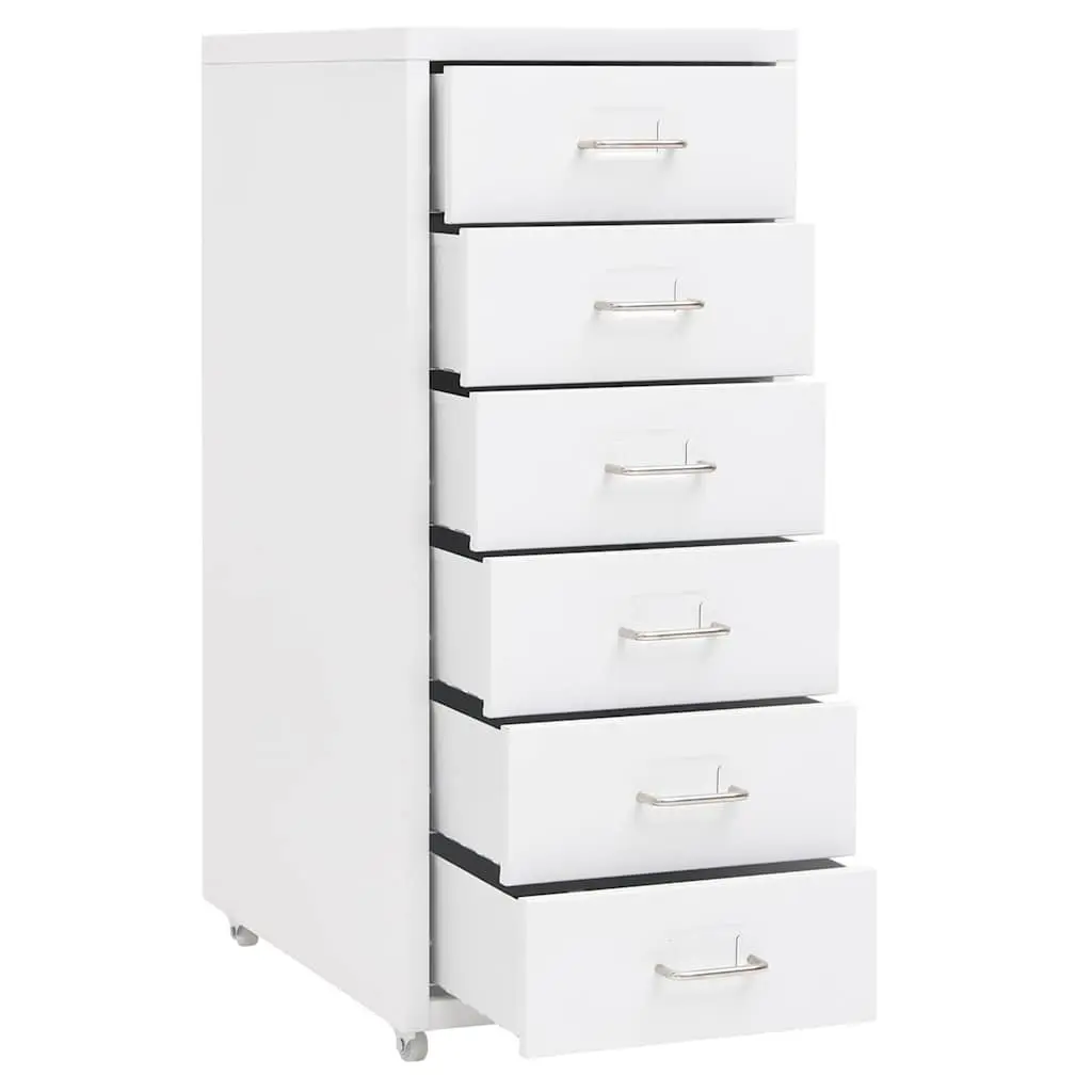 6 Drawer Mobile Filing Cabinet White Metal Organizer with Wheels for Office Storage