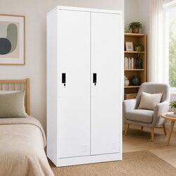 Wardrobe Cabinet White Steel Storage Cupboard with 2 Shelves Locks Home