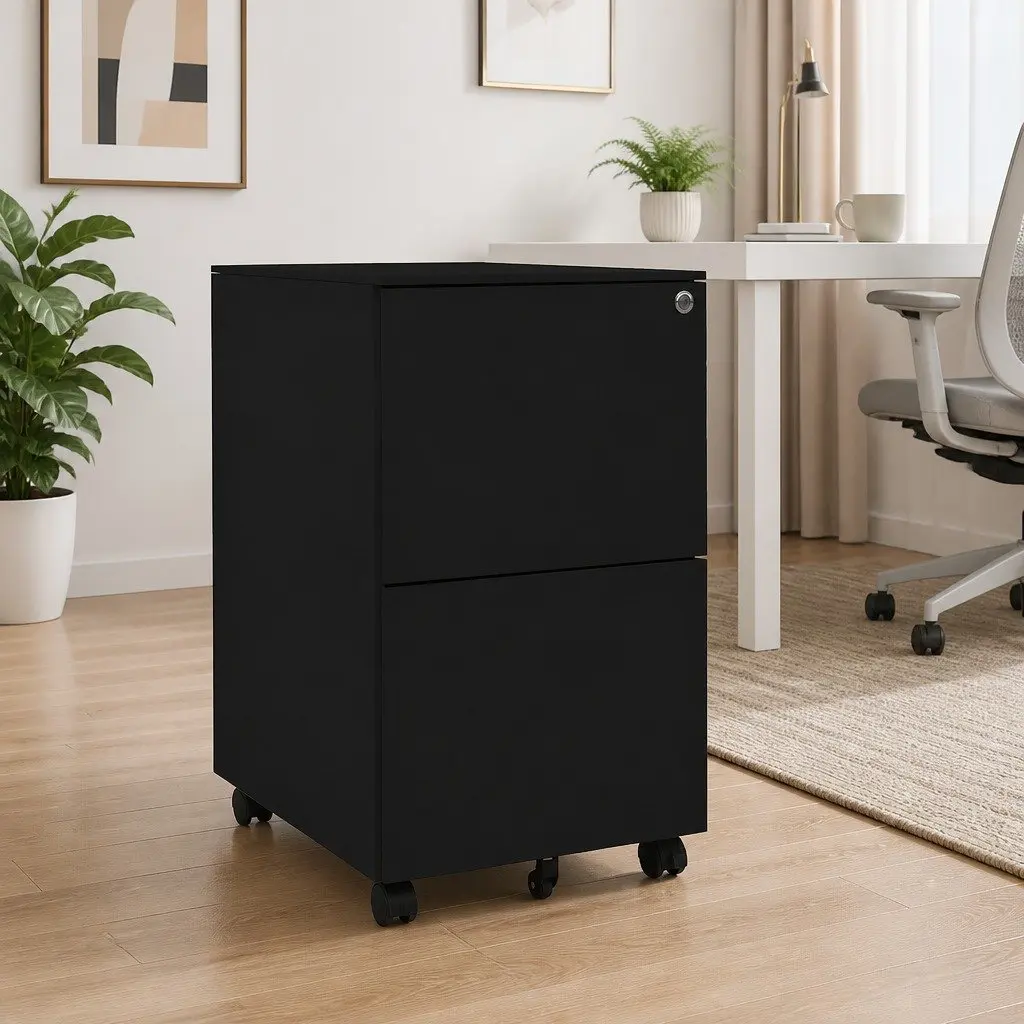 Mobile File Cabinet 2 Drawer Black Steel Organiser with Locks for Secure File Storage
