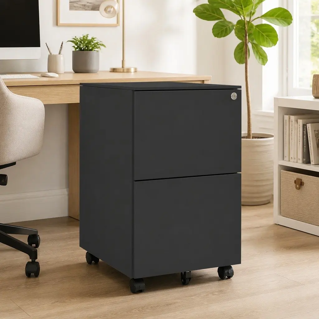 Mobile Filing Cabinet 2 Drawer Compact Steel Storage Anthracite