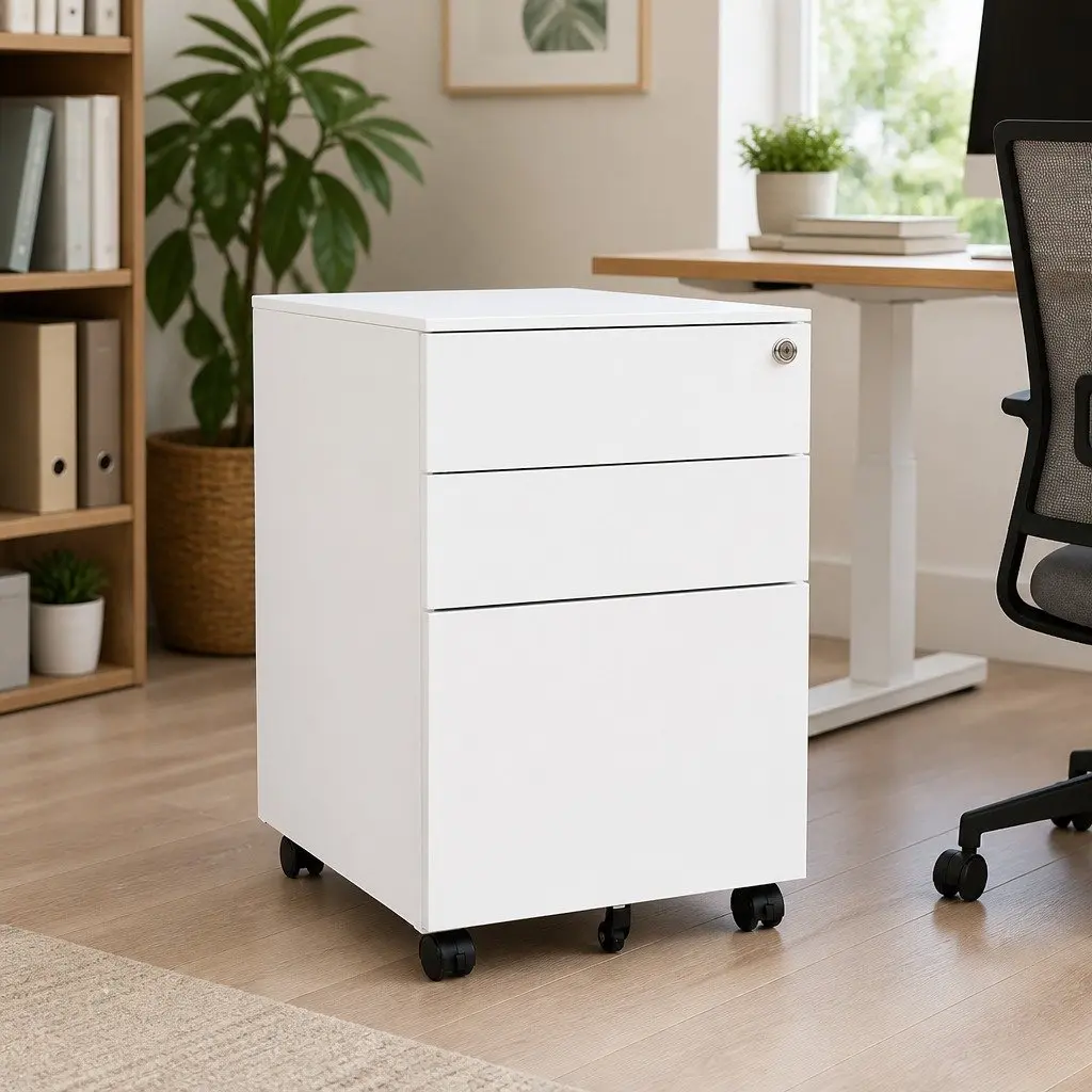 Mobile File Cabinet Steel White 3 Drawer Organizer with Locking System and Removable Hanging Bars