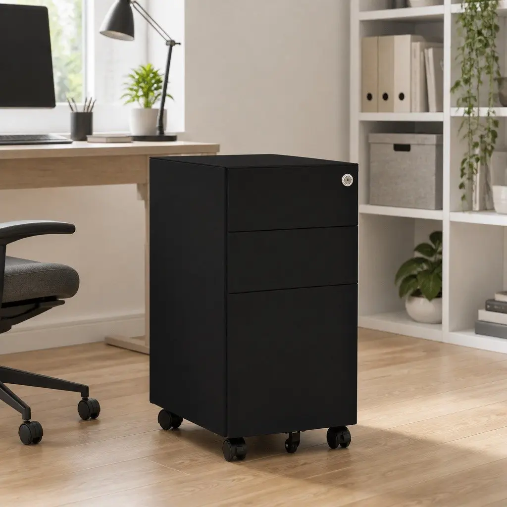 Black Steel Mobile File Cabinet 3 Drawer with Lock and Wheels for Office Storage