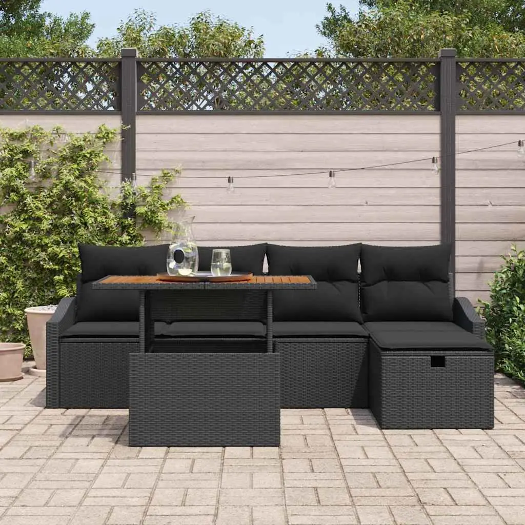 Outdoor Garden Sofa Set 6 Piece Black Poly Rattan Patio Furniture with Cushions