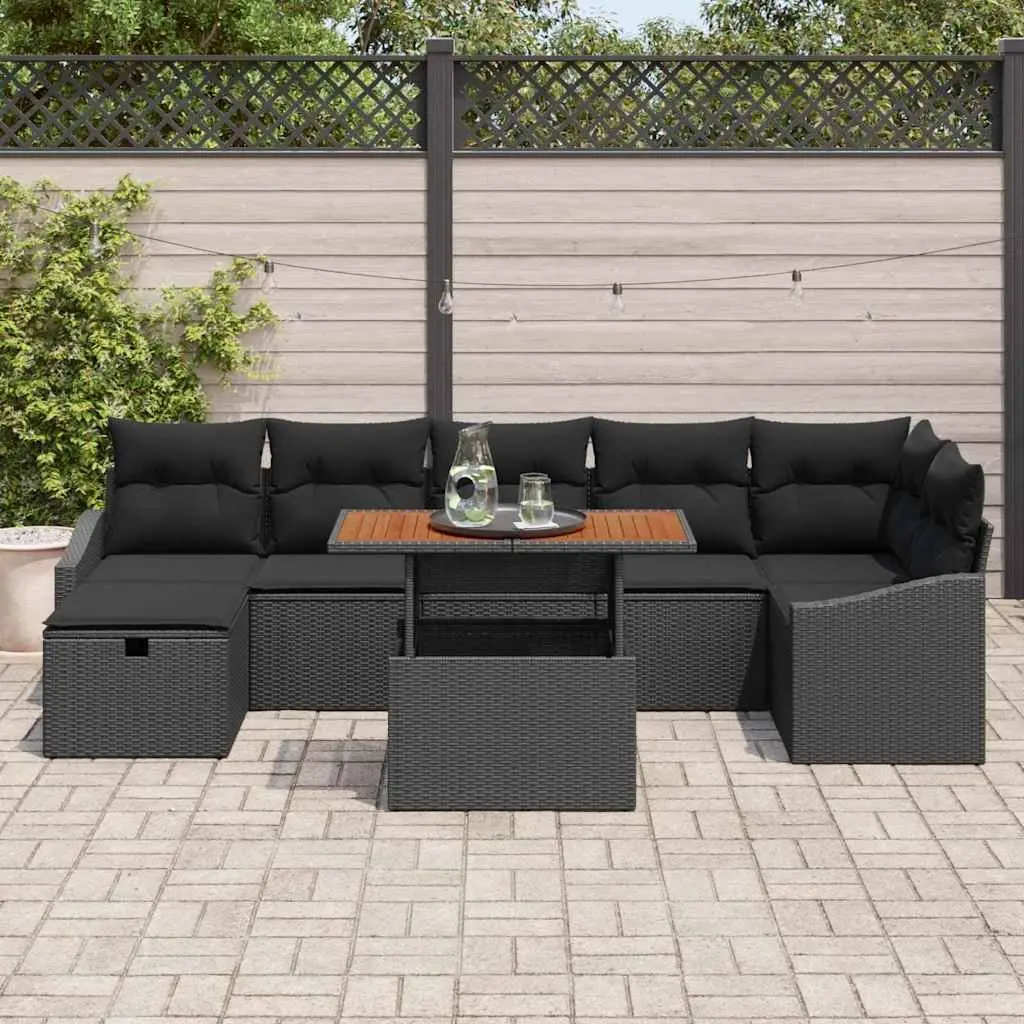 Black Poly Rattan Garden Sofa Set 8 Piece Outdoor Furniture with Cushions