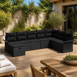 Garden Sofa Set 8 Piece Modular Outdoor Seating Black Poly Rattan with Cushions