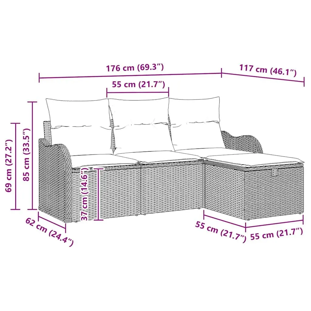 Modular Garden Sofa Set 4 Piece Outdoor Seating Grey Poly Rattan Weather Resistant