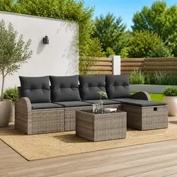 Modular Garden Sofa Set 6pcs Grey Poly Rattan Outdoor Patio Furniture with