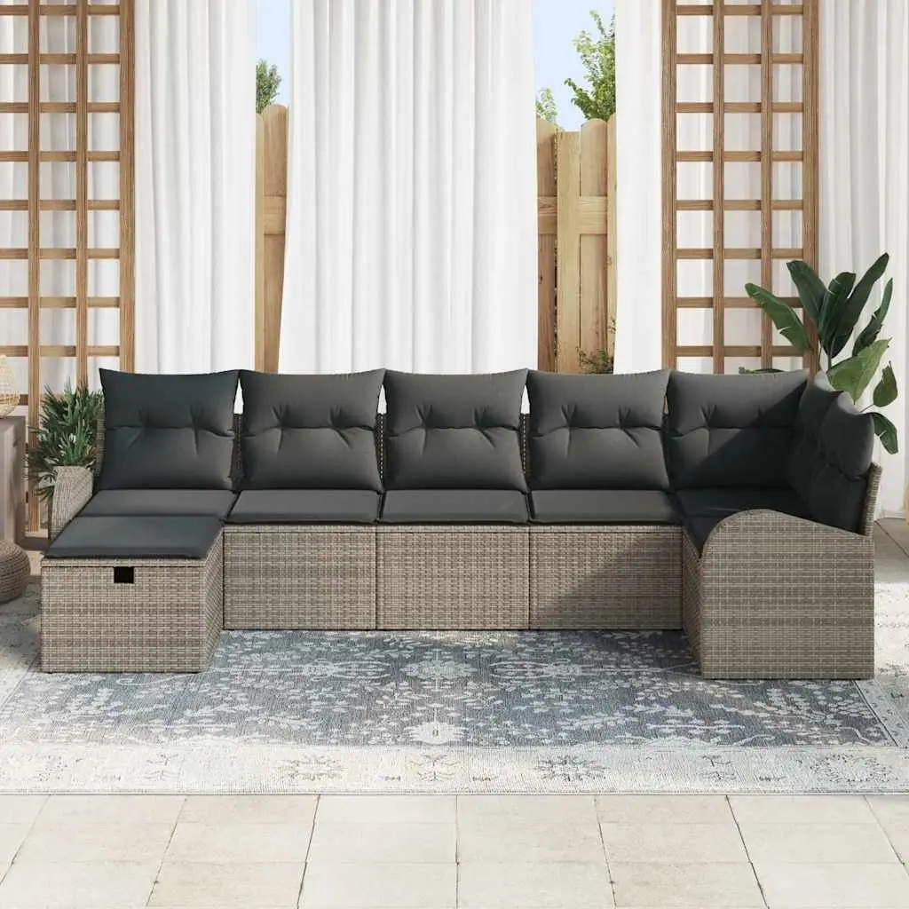 Garden Sofa Set 7 Pieces Grey Outdoor Furniture Poly Rattan Acacia Wood Height Adjustable Tabletops Storage Benches Zip Removable Cushions