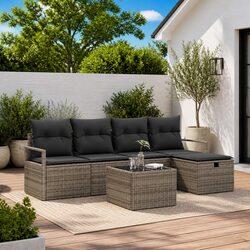 Modular Outdoor Garden Sofa Set 6 Piece Grey Poly Rattan Furniture with Cushions