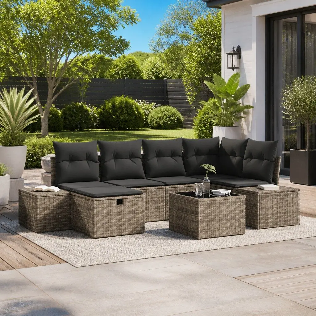 Outdoor Sofa Set 7 Pieces Modular Grey Poly Rattan with Cushions