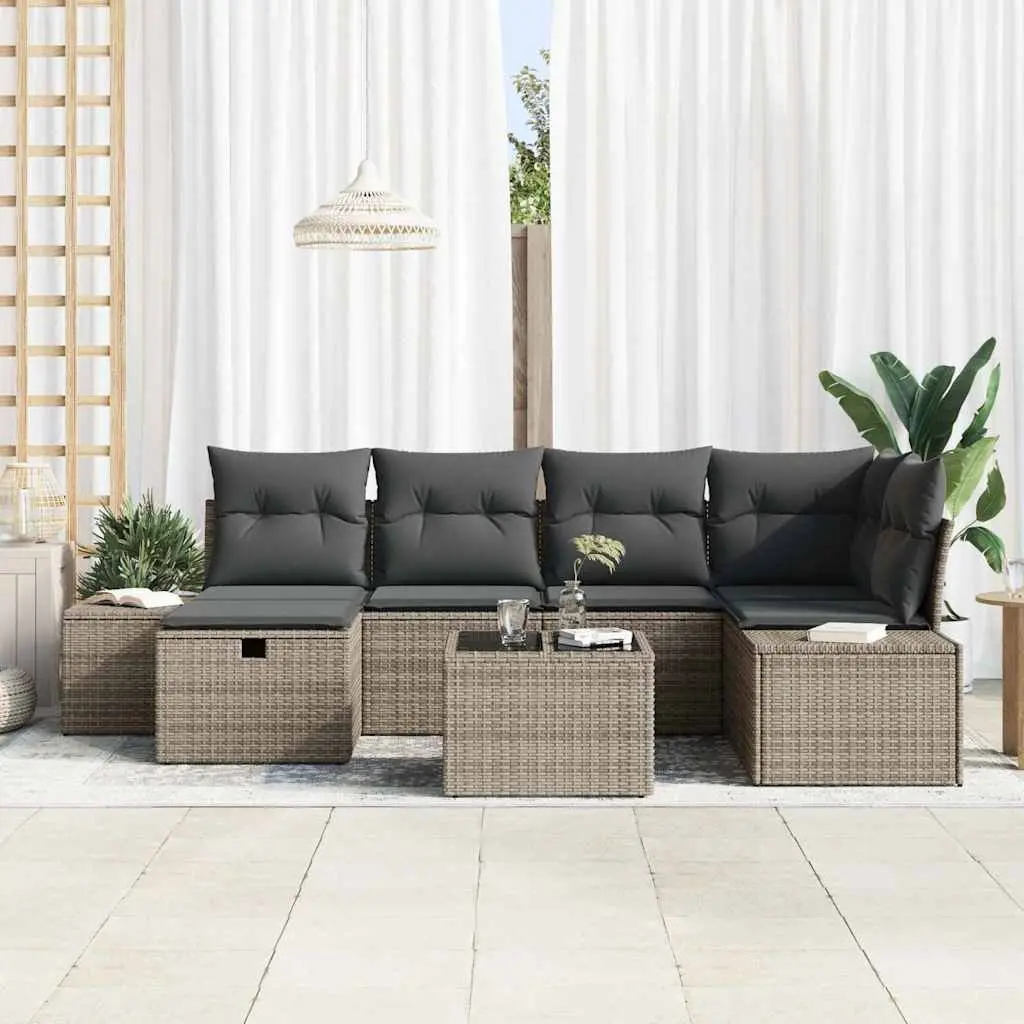 Outdoor Sofa Set 7 Pieces Modular Grey Poly Rattan with Cushions