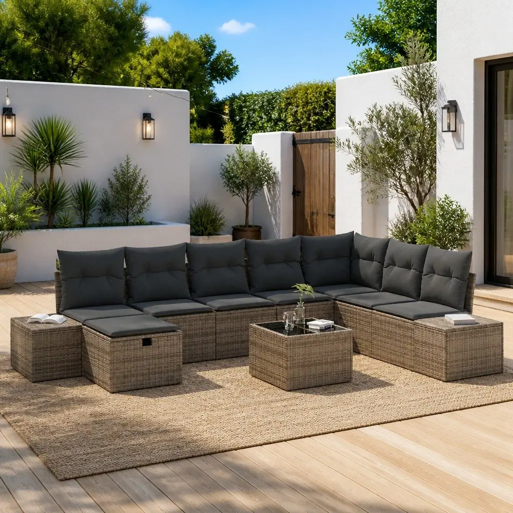 Modular Garden Sofa Set 9 Pcs Grey Poly Rattan Weather Resistant with Cushions
