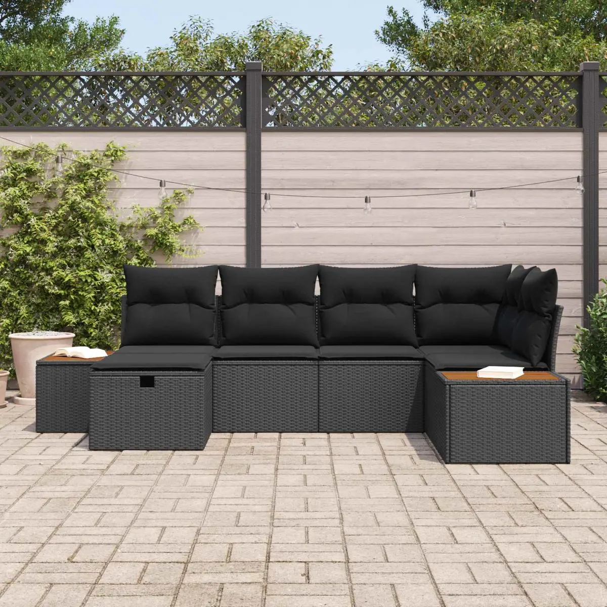 Modular Outdoor Garden Sofa Set Black Poly Rattan with Cushions Storage
