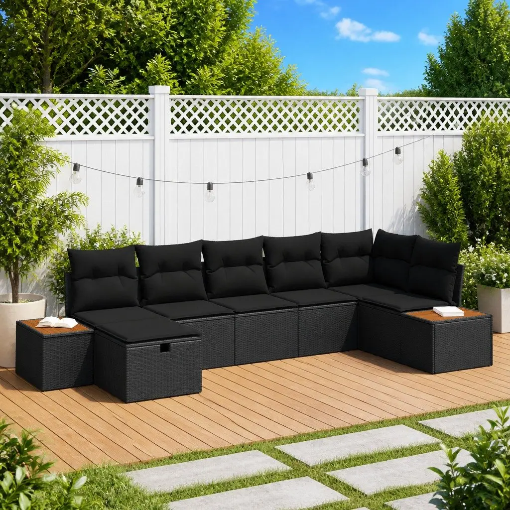 Outdoor Garden Sofa Set 7 Piece Black Poly Rattan Modular Seating with Cushions