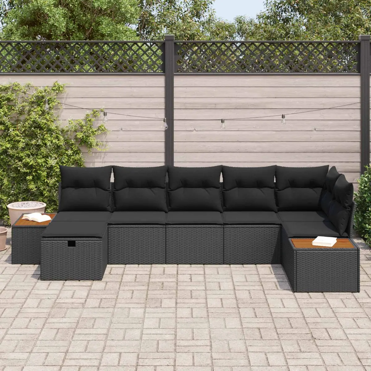 Outdoor Garden Sofa Set 7 Piece Black Poly Rattan Modular Seating with Cushions