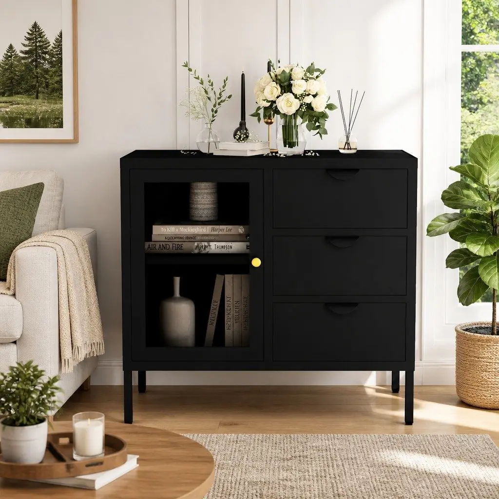 Sideboard Black 75x35x70 cm Steel Glass Adjustable Shelf 3 Drawers