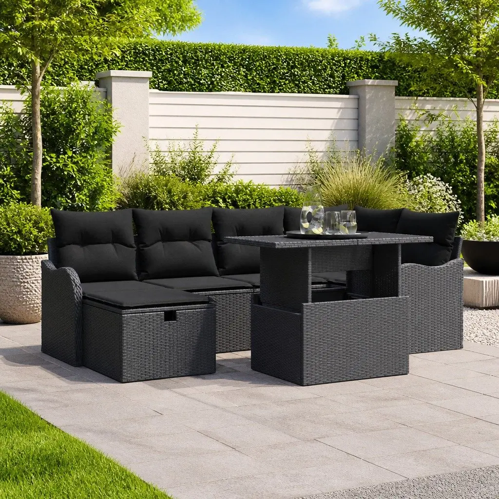 Garden Sofa Set 7 Piece Black Modular Outdoor Furniture with Cushions