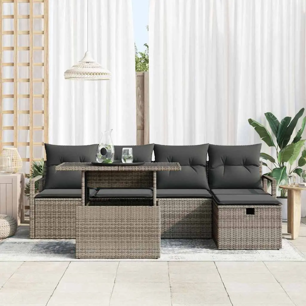 Garden Sofa Set 6 Piece Modular Grey Poly Rattan with Cushions and Height Adjustable Tabletop