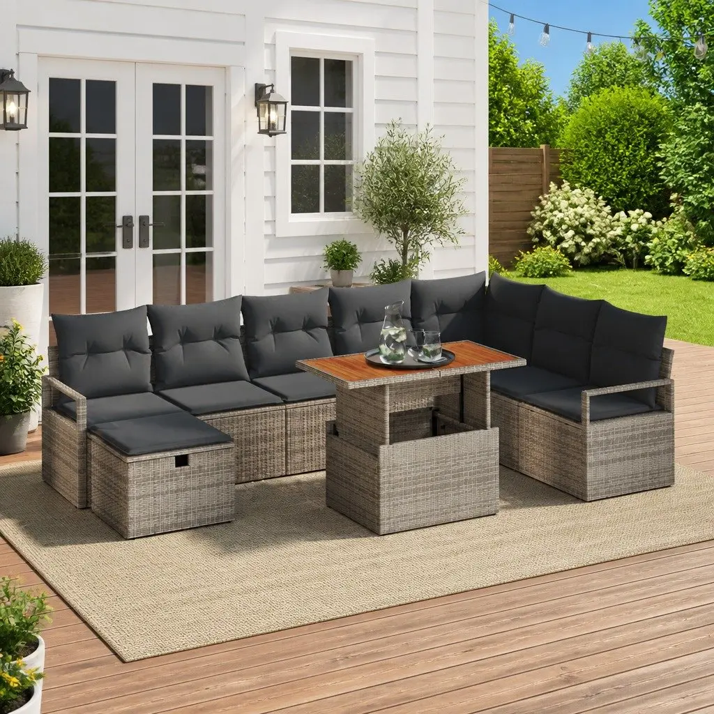 Garden Sofa Set 9 Piece Height-Adjustable Grey Poly Rattan Outdoor Furniture