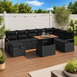 Garden Sofa Set 9 pcs Height-Adjustable Outdoor Lounge Black Poly Rattan