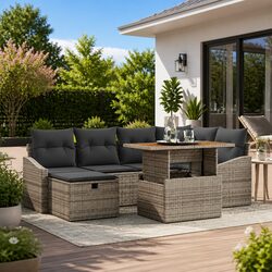 Garden Sofa Set 7 Pcs Height-Adjustable Grey Poly Rattan Outdoor Furniture