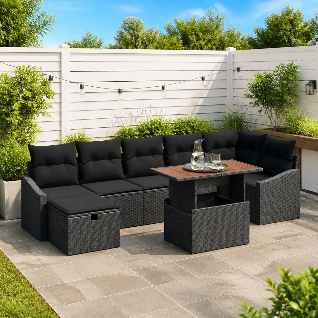 Outdoor Garden Sofa Set 8 Piece Height Adjustable Black Poly Rattan Furniture