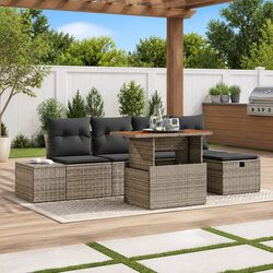 Garden Sofa Set Height-Adjustable 6 Piece Outdoor Furniture Grey Poly Rattan