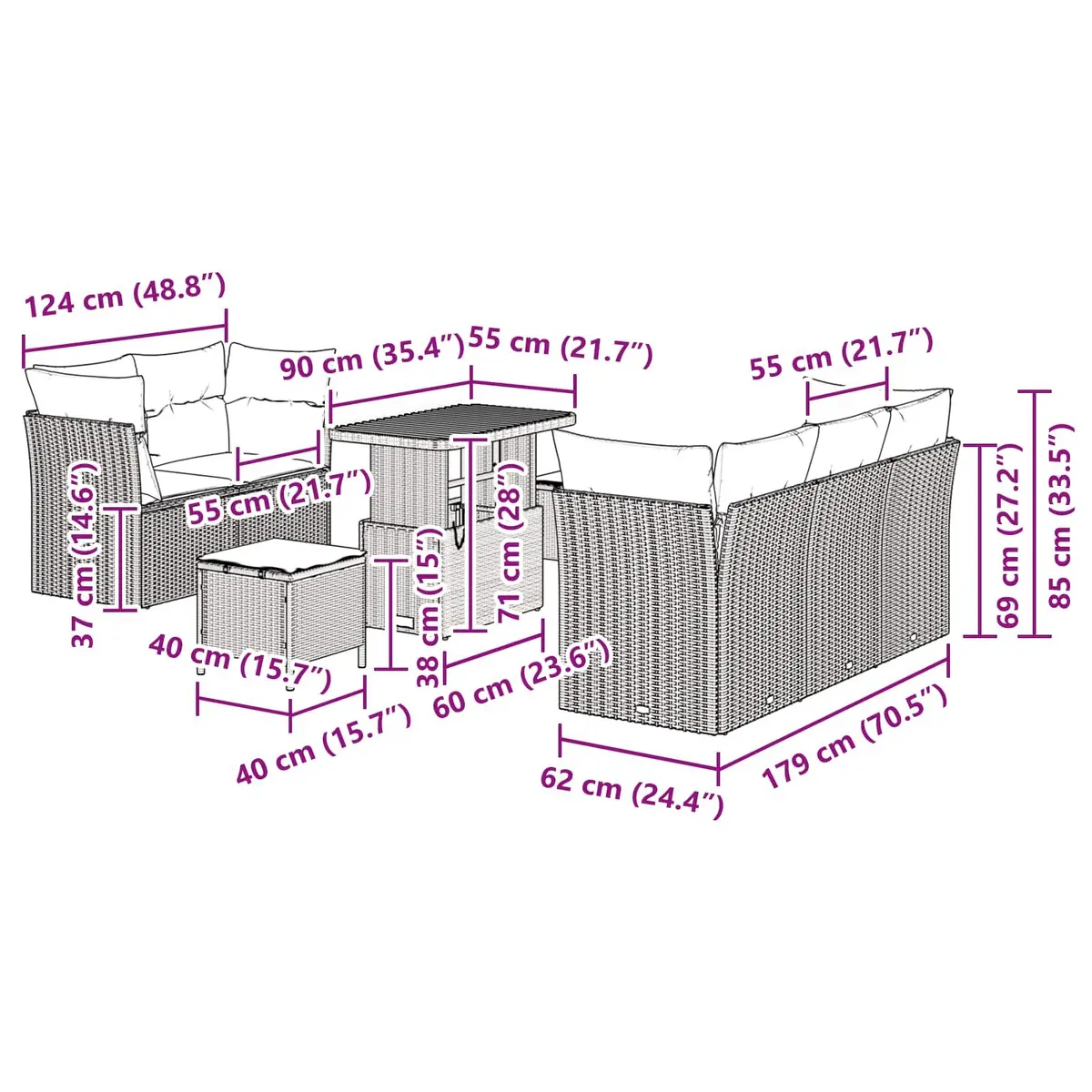 Modular Garden Sofa Set 8 Piece Black Outdoor Furniture Poly Rattan Acacia Wood Powder Coated Steel Frame